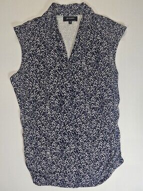 Grayson Sleeveless Top Womens Medium Blue White Dots Ruched Side Floral Blouse